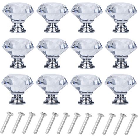 Boutons Cristal Diamant pour Armoires Tiroirs 12 30mm Aluminium Argent (1/5)