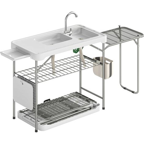 LEDANDER Table de nettoyage de poisson d'extérieur pliable avec double évier, douchette, égouttoir et panier de rangement — Station d'évier portable idéale pour le camping, la pêche, la terrasse et le