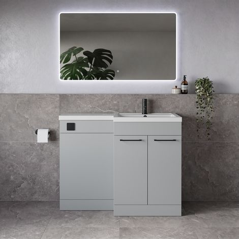 Napoli 390 Gloss Grey Pearl 1100mm 2 Door Vanity Unit Toilet Suite with Square Right Hand Lucia Basin - 1100mm - Matt Black 160mm HandleWithout Kingston Toilet Pan