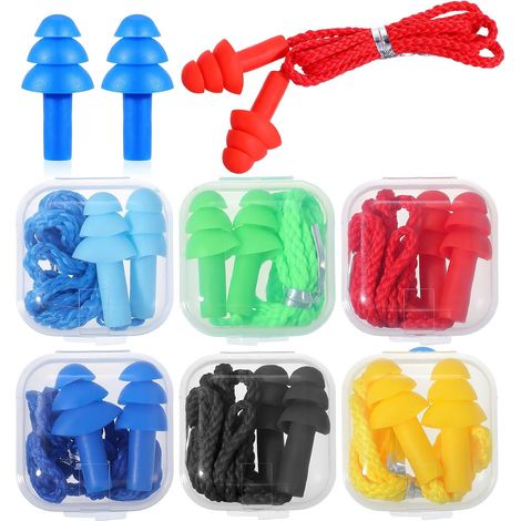 Lot de 6 paires de bouchons d'oreilles en silicone souple avec cordon pour annuler le bruit du sommeil, bouchons d'oreilles réutilisables avec cordon pour ronflement, travail, natation en 6 couleurs (1/5)