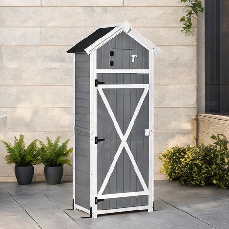 Armoire de jardin bois gris avec étagères et table pliante (1/5)