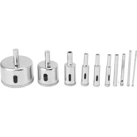 Lot de 10 forets diamantés pour la découpe du verre, du carrelage, de la céramique, du marbre et de la porcelaine (diamètres : 3, 4, 5, 6, 8, 10, 12, 18, 32 et 50 mm). (1/5)