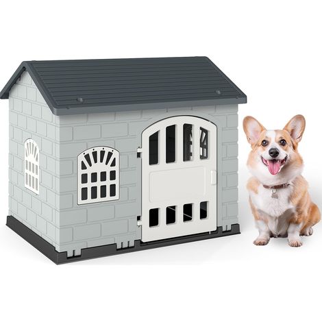 COSTWAY Cuccia per Cani da Esterno ed Interno, Cassetta per Cani con Porta Bloccabile, 3 Finestre e Tetto Inclinato, Cucce per Cagnolino in Plastica Impermeabile (Grigio) (1/5)