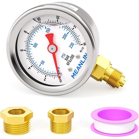 0-16 Bar/230PSI Stainless Steel 1/8"BSP 1.5"DIAL FACE, Glycerin Filled Manometer, Liquid Filled,Lower Pressure, with Hex Socket 1/8"x 1/4"BSP and 1/8"x 3/8"BSP (1/5)