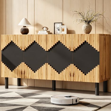 Credenza moderna 140x40x70 cm in MDF e truciolato con 2 ante, naturale e nero (1/5)