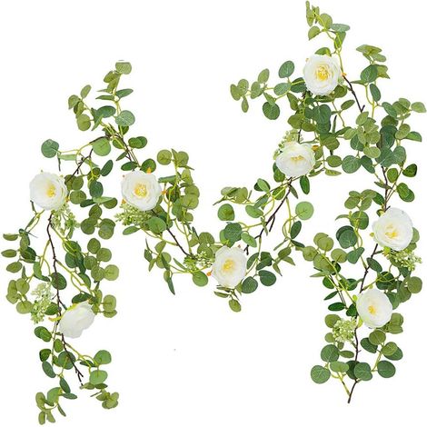 Guirlande de roses artificielles de 2 m - Fleurs en soie - Fleurs artificielles en soie - Guirlande de roses artificielles avec feuilles vertes - Pour mariage, maison, décoration (1, blanc) (1/5)