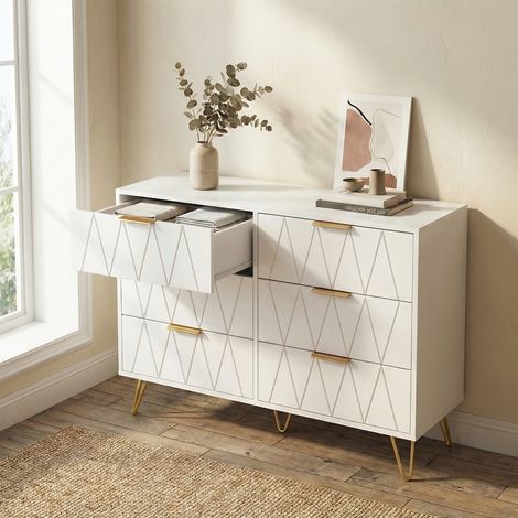 Cassettiera per camera da letto in legno 100x34x72,5 cm, con 6 cassetti, mobile contenitore, sistema anti-ribaltamento, gambe in metallo, stile moderno leggero e lussuoso, bianco