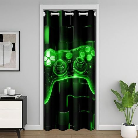 Rideau de Porte 106x203 Gaming Vert, Rideaux Occultant Enfant Gamer Deco Chambre Ado Garcon, Rideau de Placard Manette de Jeux, Rideaux Intérieurs Carrée Géométrique Lumineuse Au Néon - 106L X 203H cm (1/5)