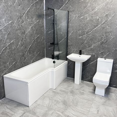 Shower Bath Suite L Shaped Right Hand with Black Taps Screen Valve Amara, Without End Panel (1/5)