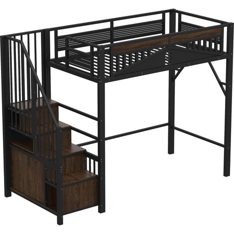 Metall-Hochbett 90 x 200 cm schwarz mit Stauraumtreppe und Sicherheitsfenster MODENUIT (1/5)