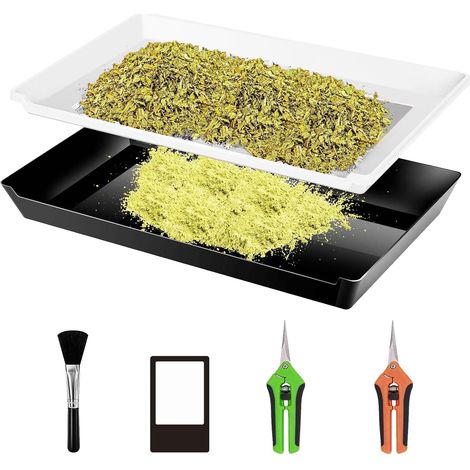 Plateau de Coupe, Bac de Finition avec Zone de Filtre de 15 10 Pouces Tamis à Pollen avec Deux Ciseaux Un Carte Grossissante et Un Brosse Accessoires de Culture avec écran de 150 Microns Pour Herbes (1/4)