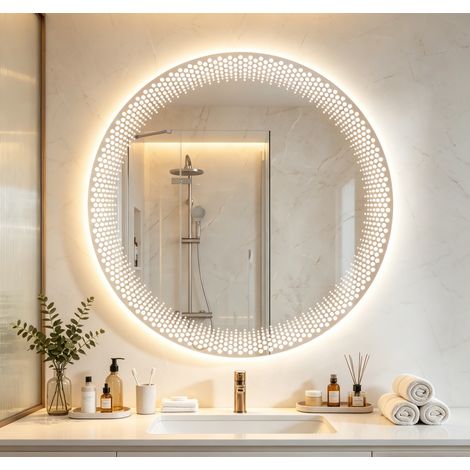 Miroir de salle de bain avec lumière LED - Rond 60cm - 3 types de lumières réglables - Anti-buée - IP44 - Interrupteur tactile - verre trempé - WILITTO (1/5)