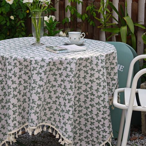Nappe à motifs floraux avec bordure à pompons — idéale pour les bureaux ou les tables de salle à manger (140 x 140 cm) (1/4)