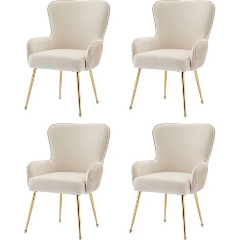 Silla de comedor de terciopelo beige con reposabrazos y patas metálicas doradas, set de 4 (1/5)