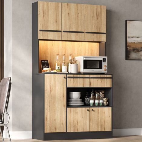 MODFU – Armario de cocina 100x40x180 cm de MDF con LED RGB, 2 cajones, estantes regulables y carga 60 kg – Natural/negro (1/5)