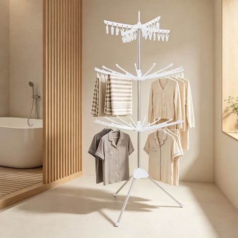 【Maison connectée】Etendoir Linge Interieur Exterieur, 3 Niveaux Pliable Sechoir a Linge, Séchoir à linge en acier inoxydable, amovible, avec 24 clip de fixation, blanc (1/5)