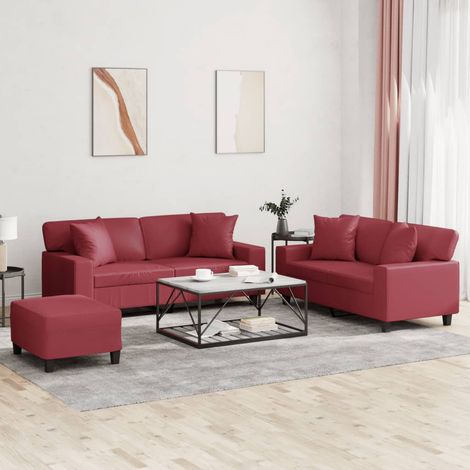 3-tlg. Sofagarnitur mit Kissen Weinrot Kunstleder (1/5)