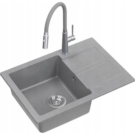 Nayes-Spülbecken aus grauem Granit, 62 x 44 cm, inklusive Siphon, Wasserhahn und Stöpsel.