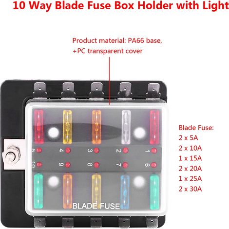 Boîte à fusibles à 10 canaux avec voyants LED (équipée de 2 x 10A rouges, 1 x 15A bleus, 2 x 5A oranges, 2 x 20A jaunes, 2 x 30A verts et 1 x 25A blancs). (1/5)