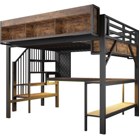 Cama alta 140x200 cm vintage marrón y negro con escritorio en esquina, LED, USB-C y almacenaje (1/5)