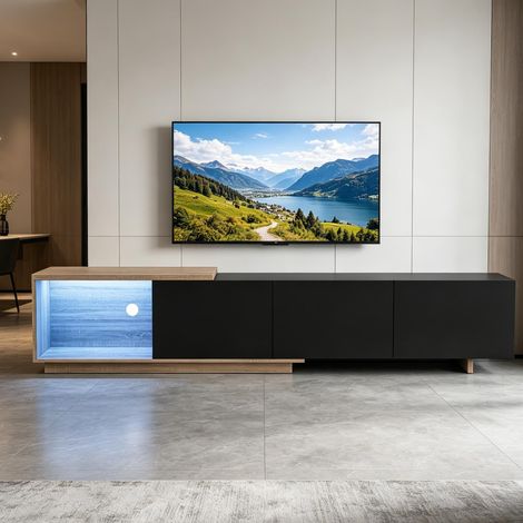Meuble TV extensible – mobilier de salon – éclairage LED tricolore à capteur – tiroirs à bouton-poussoir – bois brun et noir – style moderne (1/5)