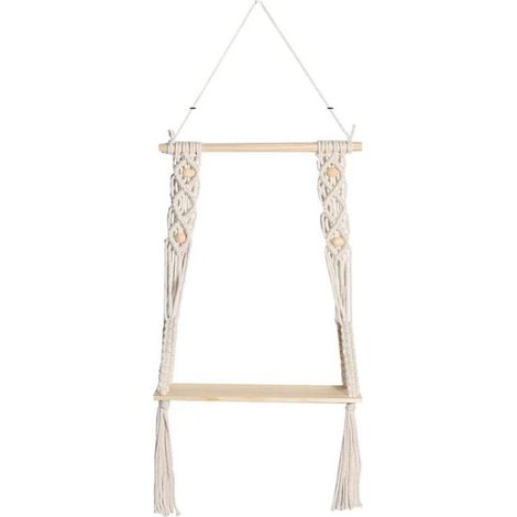 1PC Macrame Wood Wall Shelf Bohemian Deco Plants Simple Tassel Manual Woven Bedroom Living Room WC Hanging Shelf Rope-Wall Shelf (1/5)