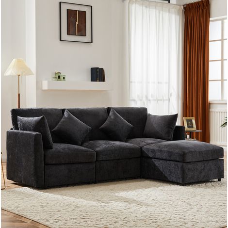 Divano angolare modulare convertibile 3 posti con pouf mobile, 4 cuscini, grigio HAVRYA (1/5)