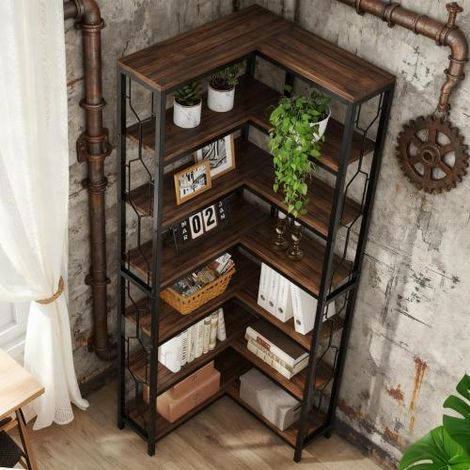 Étagère à livres haute 7 niveaux, étagère d'angle industrielle, meuble de rangement autoportant pour salon et bureau (1/5)