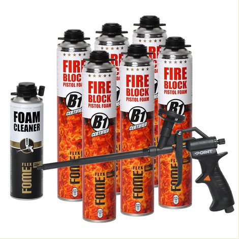 Lot de 6 mousses polyuréthane coupe-feu FOME FLEX Fire Block 750 ml + pistolet POINT BLACK + nettoyant FOME FLEX Foam Cleaner 500 ml (1/5)