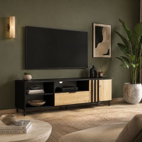 Meuble TV moderne noir et bois 160cm IRINA (1/5)