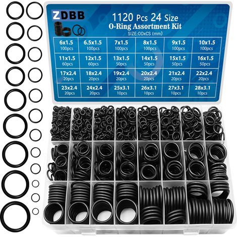 Lot de 1120 joints toriques en caoutchouc de 24 tailles - Assortiment de petits joints toriques noirs - Rondelle d'étanchéité métrique assortie pour réparation de robinet de plomberie d'eau (1/5)
