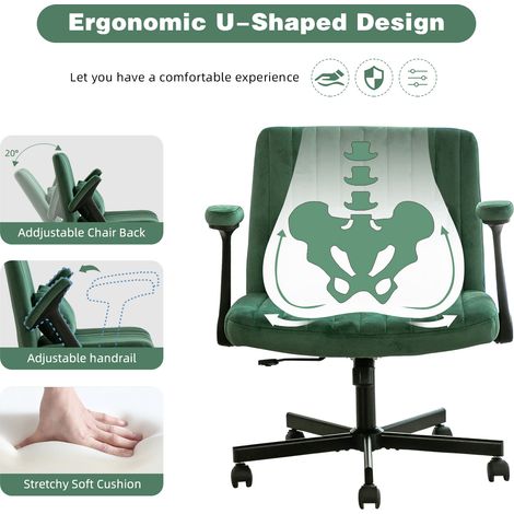 Fauteuil de bureau en velours avec accoudoirs rabattables et roulettes silencieuses pour espace de travail à domicile (1/5)