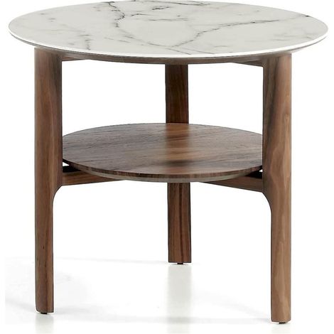 Table d'appoint plateau en verreavec effet marbre et bois - Noyer, blanc, gris, (1/3)