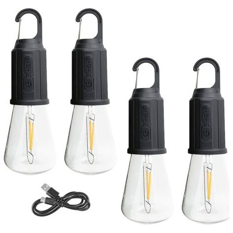 Lampe de camping rechargeable, 4 paquets d'ampoule de tente suspendue avec crochet, modes d'éclairage, lampe de tente pour le camping, la randonnée, la randonnée