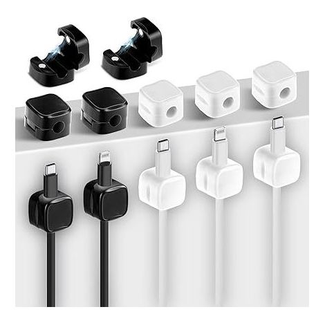 Lot de 12 Clips Magnétiques Réglables pour Rangement de Câbles sous Le Bureau Support de Cordon Adhésif pour Table de Chevet Mur Voiture Bureau（Noir + Blanc） (1/5)