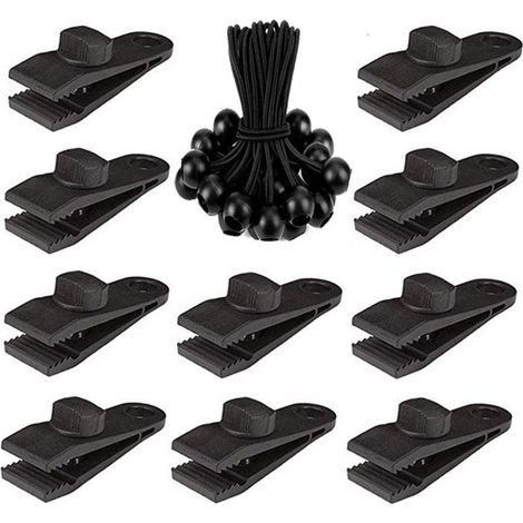 Pinces pour toiles - 10 pièces - Avec 10 cordes élastiques - Camping - Pinces pour lignes - Anneaux pour bâches - Pinces pour tentes - Pour bâches, Camping, caravanes, pique-niques - Zwart - 8 x 3 x 2 (1/5)