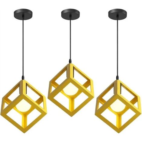 U-Do 3Pcs Lustre Suspension Carré en Fer Jaune E27 Ajustable Lustre Plafonnier Exquise Lampe Intérieur design Vintage pour Cuisine (1/4)