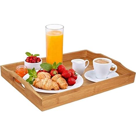 1 Plateau De En Bambou Avec Poignées, 35x22x3cm, Pour Petit Déjeuner, Thé, Bar Et Fêtes (1/5)