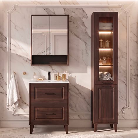 Waschtisch-Set Einzelwaschbecken eingebaut 60 cm Hochschrank und Spiegelschrank Moka Dunkelholz (1/5)