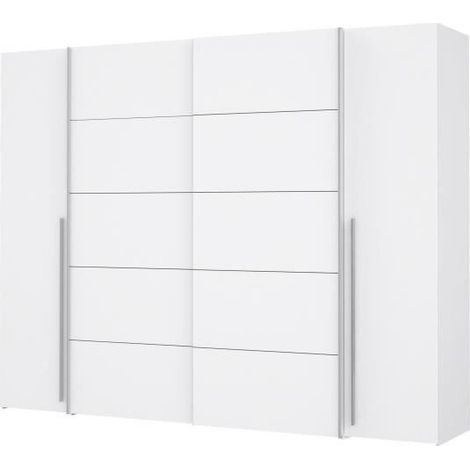 Les Tendances – Armoire 2 portes battantes et 2 portes coulissantes – Blanc mat – L 270,3 x P 61,2 x H 210 cm – 8 tablettes – 2 tringles à habits