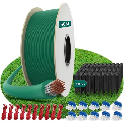 HAUSPROFI 50M Robotic Lawnmower Cable + 100 Pegs + 10 Cable Connectors + 10 Connection Terminals, Robotic Lawnmower Wire, Cable for Worx, Gardena, Bosch, Yard Force robotic lawnmowers, etc. (1/5)