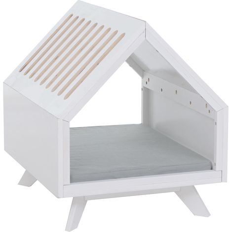 Schlafhütte HHG-801, für Haustiere Katzen-/Hundebett Tierhaus Holz MVG 58x50x60cm weiß, Kissen grau (1/5)