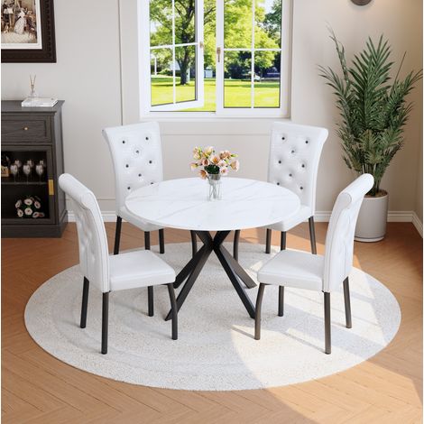 Ensemble table à manger ronde effet marbre blanc avec 4 chaises en cuir synthétique, noir et blanc (1/5)
