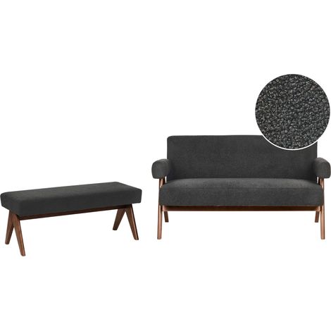 Sofa Set Black and Dark Brown 2 Seater Sofa Bench Boucle Upholstery Retro Design Wooden Legs Living Room TAMRE