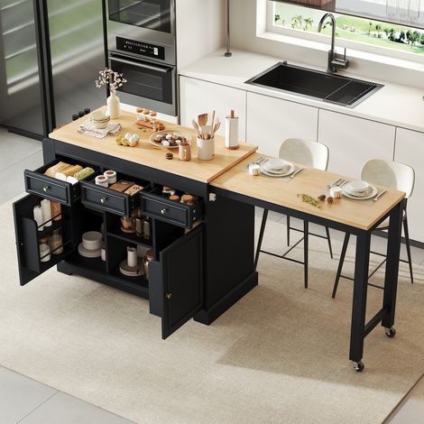 îlot de cuisine extensible sur roulettes avec coin repas, étagère à épices et tiroirs, table à manger, mobile et autoportant, noir (1/5)