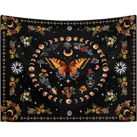 BEBUSINGOTO Tapisserie murale à motif de papillon, de lune et de fleur orange, style botanique, floral, bohème, pour chambre à coucher, tapisserie esthétique vintage, pour salon, dortoir (95 x 75 cm) (1/3)