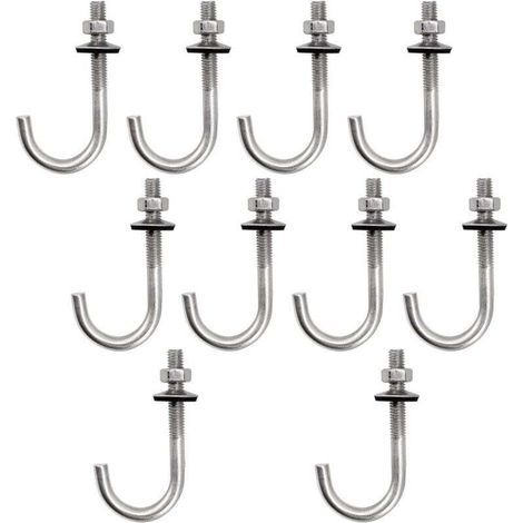 (10 Stück) M6 x 50 x 150 mm Dachankerbolzen aus Edelstahl 304, J-Haken, Wandhaken, Haken mit langem Schaft und Sechskantmutter, Betonankerschraube (1/5)