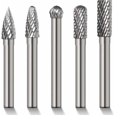 Juego de 5 piezas de cabezal de rectificado de acero de tungsteno de 6 x 10 mm, fresa de extremo ADFG Red Box. Cabezal de rectificado de acero de tungsteno. (1/5)