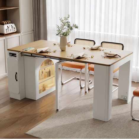 MEUBLIV isla de cocina móvil blanca y madera con extensión, LED, enchufes y almacenaje (1/5)