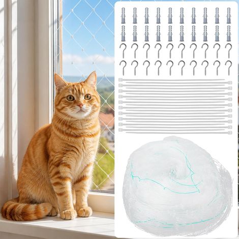 Filet pour Chat pour Balcon sans Perçage - 3 x 6 m - Filet de Balcon en Nylon Transparent - Résistant aux Morsures et aux UV - avec Serre-câbles et Crochets à vis (1/5)